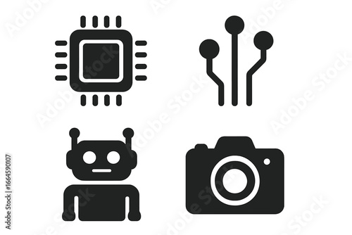 Technology icon set. Black glyph symbols for web and mobile. CPU processor chip, digital circuit, AI robot, photo camera. Electronic hardware & engineering vector illustration.