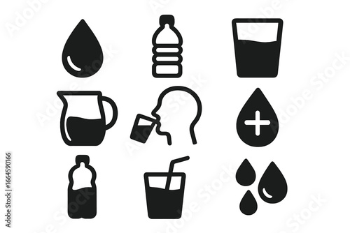 Water and hydration solid icon set. Essential symbols for liquid consumption, bottle, glass, and jug. Vector glyph collection for health, thirst, and refreshment concepts.