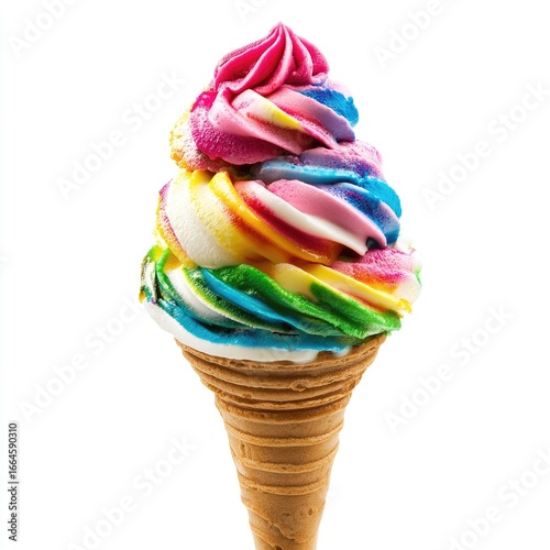 Colorful rainbow ice cream cone.  A vibrant, multicolored ice cream swirl is piled high on a light-brown waffle cone against a pure white background.  