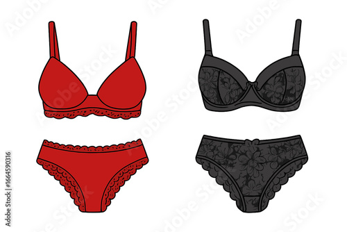 Set of two women's lingerie designs. Red and black lace bra and panties vector illustration. Female underwear fashion technical drawing. Apparel clothing mockup on white background.
