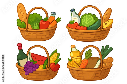 Set of four shopping baskets full of fresh groceries, produce, and food from the market. Vector cartoon illustration concept for healthy eating, diet, and local grocery shopping.