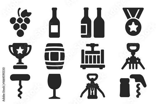 Wine and Winery Solid Icon Set – Grapes, Wine Bottles, Glass, Barrel, Press, Corkscrew, Opener, Medals, Trophies, Sommelier Tools. Collection of Vector Cartoon Illustrations for Beverage Industry