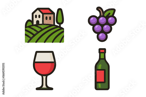 Wine tasting vineyard set. Cartoon vector icons of winery estate, grape bunch, wine glass, wine bottle. Wine production, viticulture, vineyard agriculture. Harvest, drink, celebration themes