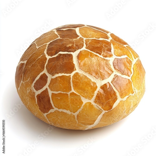 Round, light golden-brown bread with a patterned, mosaic-like texture resembling a giraffe's skin