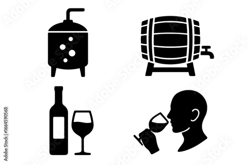 Wine production process icon set. Winemaking stages glyphs. Fermentation tank, aging barrel, bottle and glass, tasting sommelier. Vector silhouette symbols for winery concept.