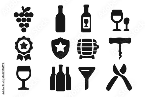 Wine and winery solid icon set. Vector glyph collection for winemaking, tasting, and vineyard concepts. Includes grapes, bottle, glass, barrel, award, and tools pictograms.