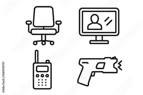 Security guard tools outline icon set. Bailiff work station equipment. Law enforcement vector icons of office chair, surveillance monitor, radio device, and a taser stun gun.