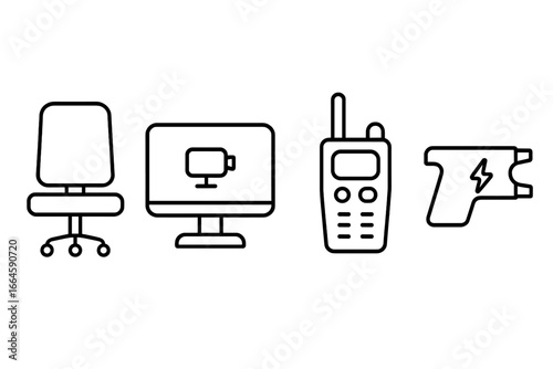 Bailiff tools and court security equipment outline icon set. Vector illustration of law enforcement workplace objects. Empty desk chair, surveillance monitor, radio, taser gun.