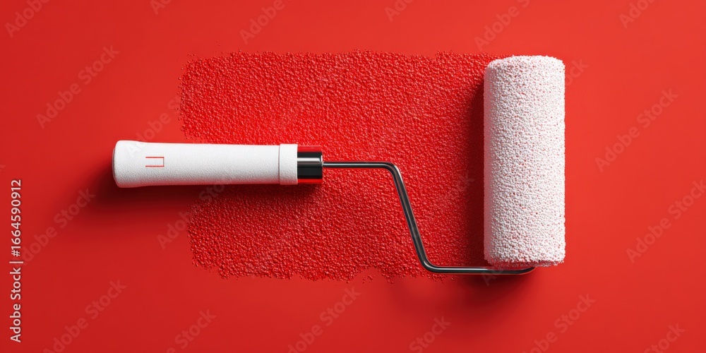 Obraz premium Red Paint Roller Painting Wall, Flat Lay. Home Improvement and Decoration Concept, Fresh Color