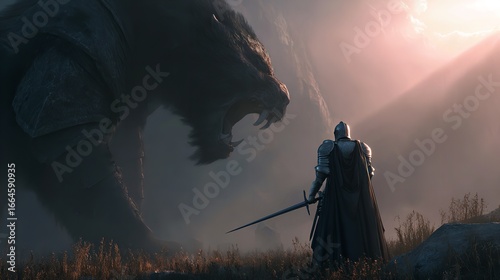 Armored knight faces enormous beast in an epic, dramatic fantasy landscape with a powerful mood.