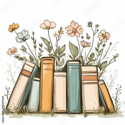 Colorful books with flowers growing from them