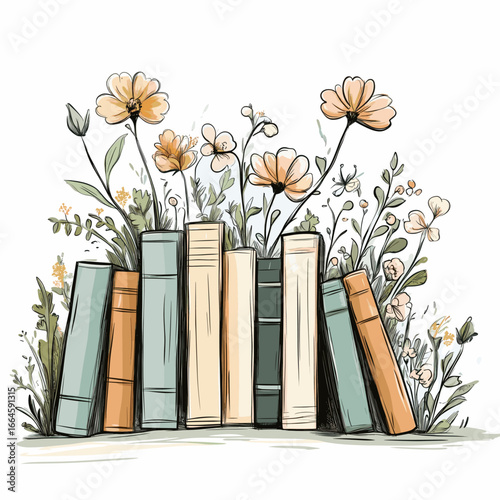 Colorful books with flowers growing from them