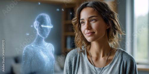 Smiling woman with minimalist holographic AI companion at home, friendly technology