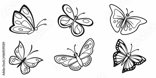 Six Stylized Black and White Butterfly Illustrations