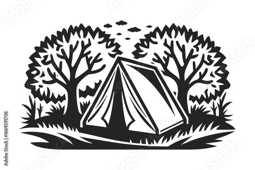 Camping Tent Surrounded By Trees and Grass On White Background Outlined Art