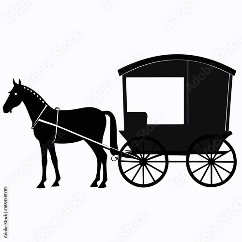 Black silhouette of a horse drawn carriage on a white background