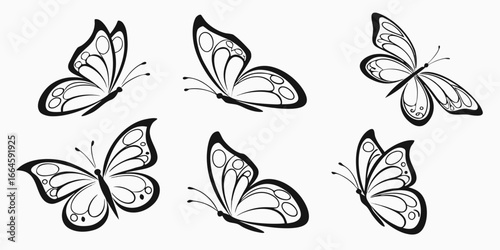 Six Stylized Black Butterflies in Flight
