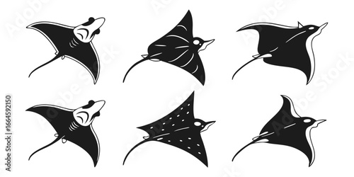 Six Stylized Black Manta Rays Swimming