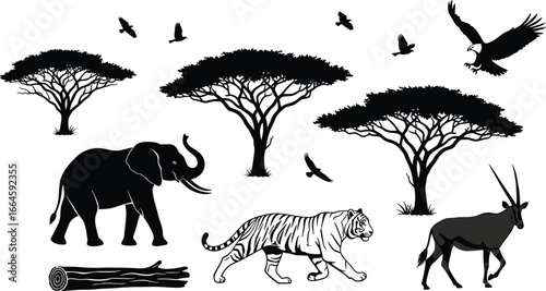 Savanna wildlife silhouettes, elephant tiger antelope, acacia trees and birds, black vector illustration, African nature scene, white background, ecosystem diversity art