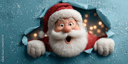 Surprised Santa peeking through torn snowy paper with festive bokeh lights behind