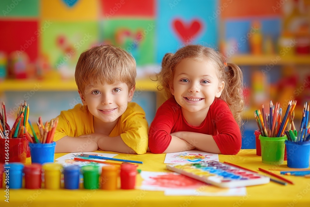 Fototapeta premium Two Happy Children Enjoying Painting and Drawing Activities in Colorful Classroom, Expressing Creativity and Joy