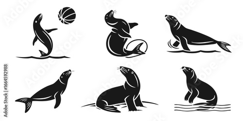 Six Stylized Seals Performing Tricks and Poses