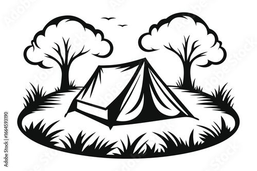 Isolated Tent and Forest on White Background Camping