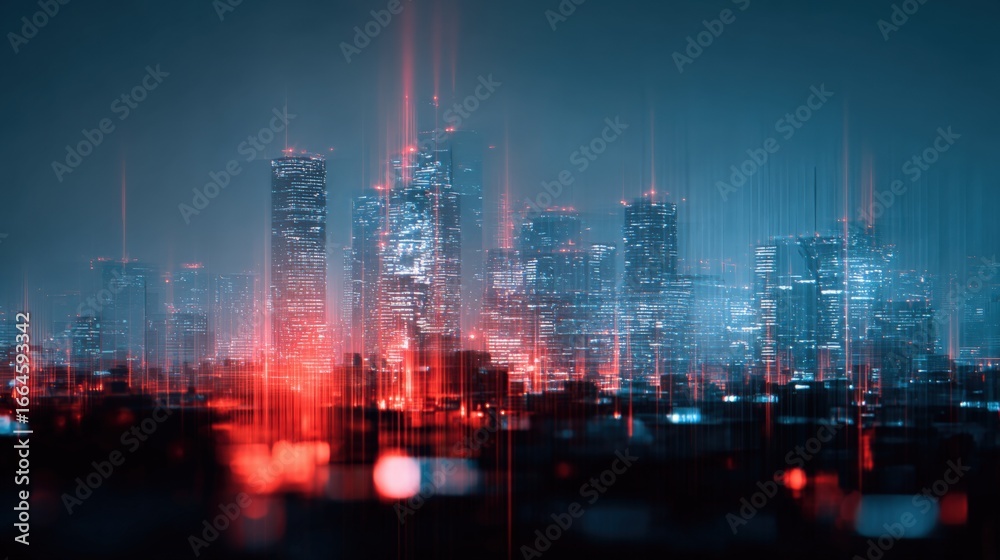 Fototapeta premium Abstract Cityscape at Night with Futuristic Red and Blue Light Streaks, Urban Innovation