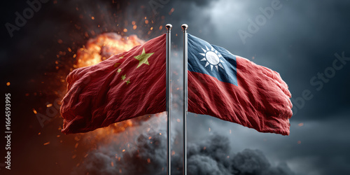 China and Taiwan flags face each other amid explosion, tense geopolitical standoff