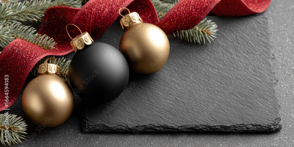 Naklejka premium Black and gold Christmas baubles with red ribbon on slate background and evergreen