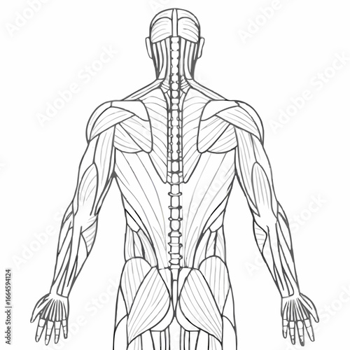 Human body muscular system anatomy from the back view fully exposed