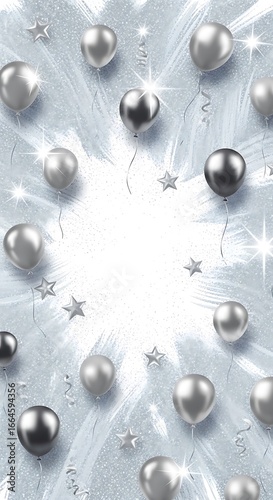 Elegant celebration backdrop with shimmering silver balloons and starlight accents for festive occasions