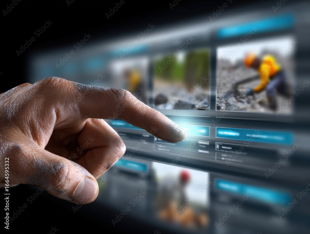 Obraz premium Interactive Interface: Hand Touching Virtual Screen Display with Images for Modern Technology Concept