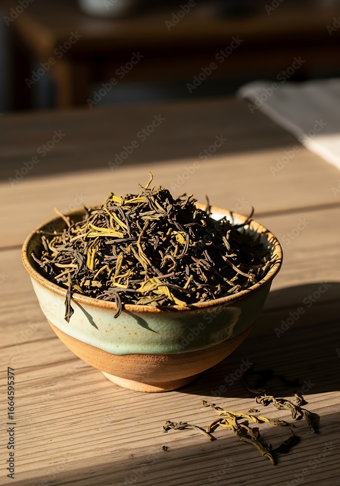 Fototapeta premium Ceramic bowl filled with loose leaf tea illuminated by soft sunlight