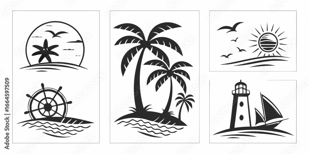 Obraz premium Tropical Beach and Nautical Scene Silhouettes