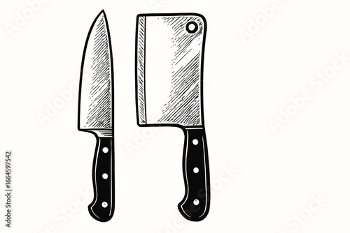 Kitchen Tools Illustration of a Chef's Knife and Meat Cleaver 