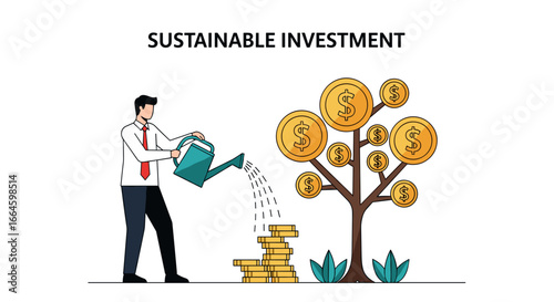 This illustration portrays a businessman watering a money tree, symbolizing the strategic nurturing and commitment vital for sustainable financial investment.