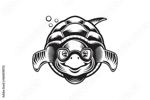 Cartoon Sea Turtle with Glasses Swimming Bubbles White Background