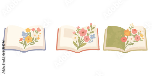 Art of three open books with floral designs