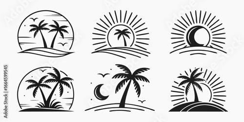 Tropical Palm Tree Sunset and Moon Beach Scene Logos.