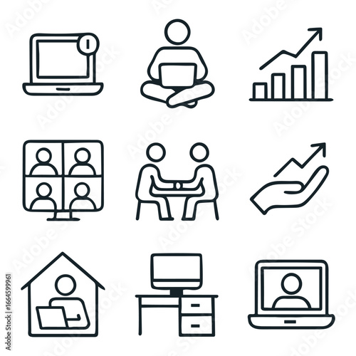 Collection of simple line icons depicting remote work and collaboration.