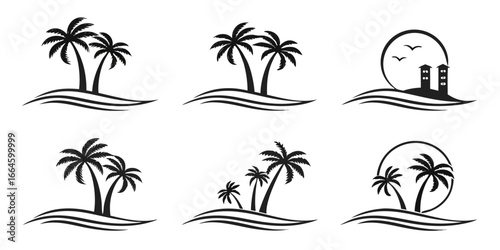 Tropical Palm Trees and Ocean Waves Silhouette Collection.