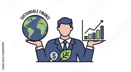 An insightful illustration features a business professional expertly balancing environmental sustainability with strong financial performance and ethical investments.