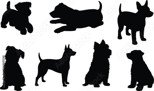 Silhouettes of various dog breeds in dynamic poses, black canine vector set for pet design, animal graphics, educational and veterinary content