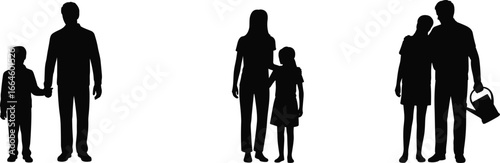 Silhouette of adult and child pairs in various parenting poses, family bonding, caregiving, nurturing relationships, fatherhood, motherhood, childhood development, vector illustration