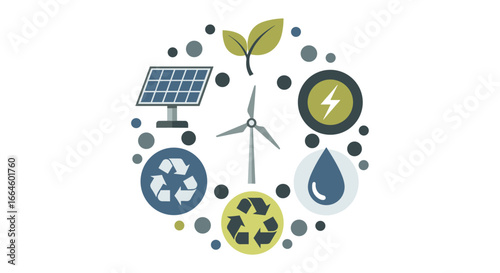 A vibrant circular infographic showcasing essential elements of renewable energy, environmental protection, and sustainable living practices against a clean white background.