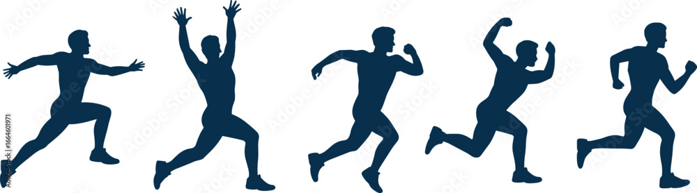 Silhouettes of athlete in dynamic sprinting and jumping motion, human movement sequence, sports biomechanics, running poses, fitness training, vector illustration Silhouettes of athlete in dynamic sprinting and jumping motion, human movement sequence, sports biomechanics, running poses, fitness training, vector illustration