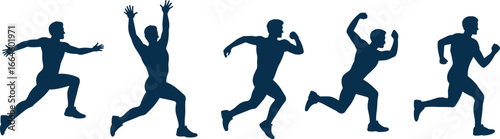 Silhouettes of athlete in dynamic sprinting and jumping motion, human movement sequence, sports biomechanics, running poses, fitness training, vector illustration