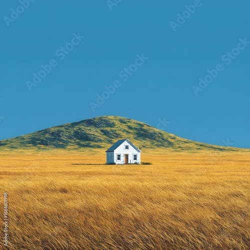 A solitary white house atop a golden field, beneath a vibrant blue sky, and a gentle hill