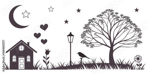 Whimsical Night Scene with House Tree and Moon.